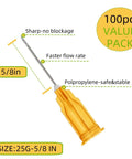 Box of 100 Sterile 25 Gauge 5/8 Inch Luer-Lock Dispensing Needles With Sealed Caps, Disposable Lab Must-Haves for Scientific Research, Industrial Use, Plant Cultivation, and Home Use; 25G 5/8 in needle, polypropylene hub