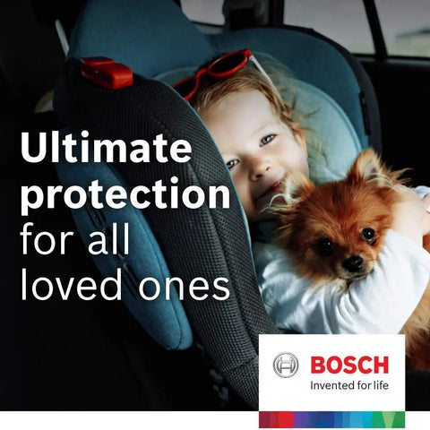 Child with dog in car seat, Bosch branding, promoting safety and protection in vehicles.