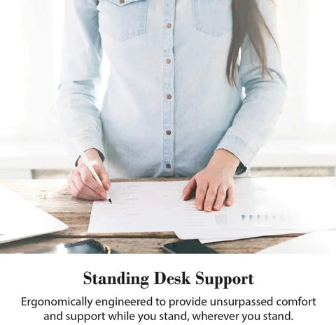 Woman standing at desk using Anti Fatigue Floor Mat With Cushioned PU Comfy For Home Kitchen Garage And Office Standing Desks
