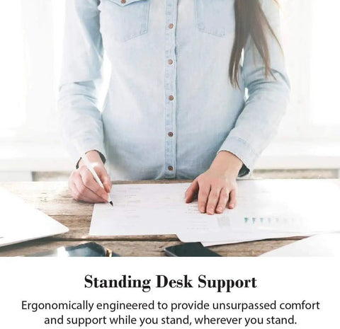 Person using ergonomic anti-fatigue floor mat at standing desk for support and comfort.