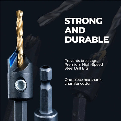 Toolant Countersink drill bit set, 5 pcs, high-speed steel for wood, hex shank, sizes #4–#12