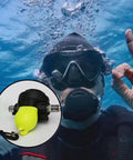 Diver using regulator, with inset showing yellow Regulator Mouthpiece Cover Set for Diving and Snorkeling, PVC Dust-Proof Cap Protectors