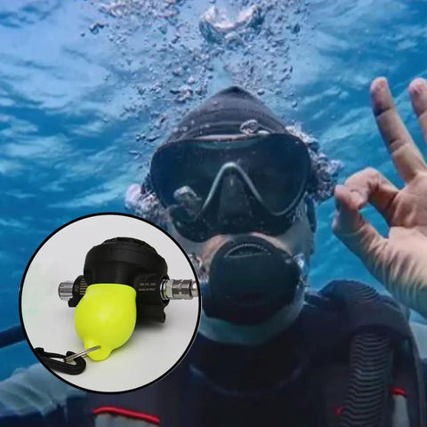 Diver using regulator, with inset showing yellow Regulator Mouthpiece Cover Set for Diving and Snorkeling, PVC Dust-Proof Cap Protectors
