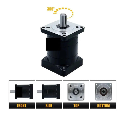 Beefy Compact High Torque Planetary Gear Reducer For NEMA 34 86 Stepper Motor With 14mm Input Hole And 16mm Output Shaft Built For Smooth Precise Machine Motion And Easy Inline Mounting, front and top views