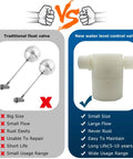 Comparison of traditional float valve and new water level control valve with benefits on side, highlighting Two Pack Three Quarter Inch Side Inlet Float Valve For Water Tanks, No Fuss Easy Install, Automatic Refill Stop When Full, Eco Friendly And Non Toxic, Delivers 3 Gpm At 40 Psi And 5 Gpm At 60 Psi, Upgrade For Traditional Valve.