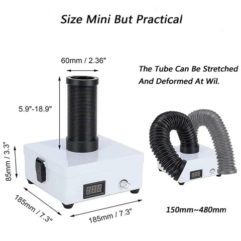 Badass Solder Fume Extractor With Triple Stage Filtration And Adjustable Speed showing compact design and flexible tube for smoke removal.