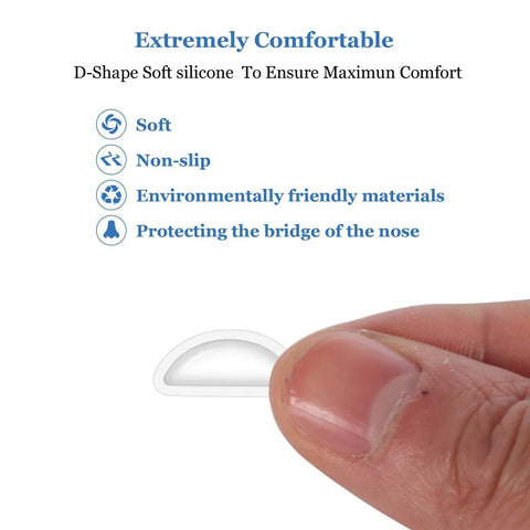 Close-up of Soft Silicone Eyeglass Nose Pads With Adhesive Air Chamber Cushion, 3.5mm D shaped for Plastic Frames, held by fingers.