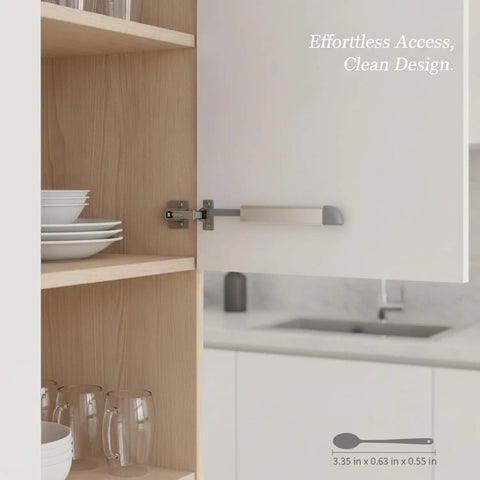 Press To Open Cabinet Latch For Handle Free Doors in silver aluminum installed on a kitchen cabinet door, one pack, sleek design