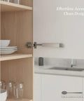 Open cabinet with Push To Open Latch Aluminum Alloy No Knob Handle Free Kitchen Cabinet And Drawer Hardware, silver finish.