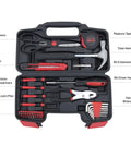 39 Piece Household Tools Kit With Plastic Toolbox For Dorms And Home Use, showing hammer, screwdrivers, pliers, tape measure