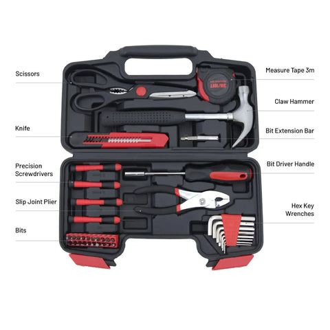 39 Piece Household Tools Kit With Plastic Toolbox For Dorms And Home Use, showing hammer, screwdrivers, pliers, tape measure
