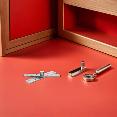6 Pack Invisible Pivot Hinges With 360 Degree Rotation, shown disassembled on red surface, stainless steel for hidden doors