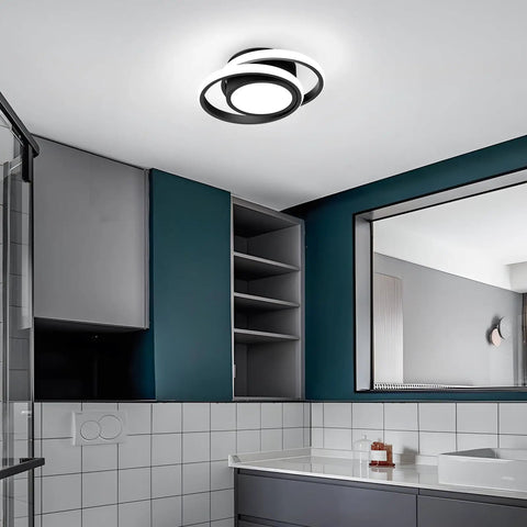 Two Ring Modern LED Ceiling Light Fixture In Black Finish, Creative Dual Ring Design, installed in a modern kitchen, Cool White 6000K, 32W.