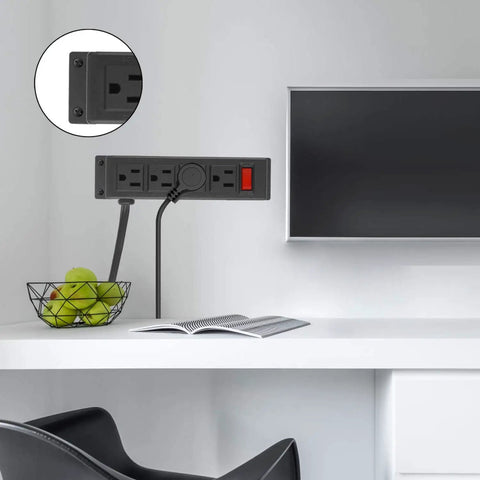 Wall Mount Power Outlet Strip With Switch, Four Outlet Mountable Power Strip With 6 Ft Cord For Under Desk Setup on white desk