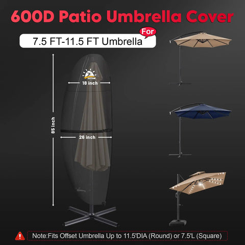 Heavy Duty 600D Patio Umbrella Cover For Cantilever And Offset Umbrellas, Waterproof And Weatherproof Illustrated Dimensions