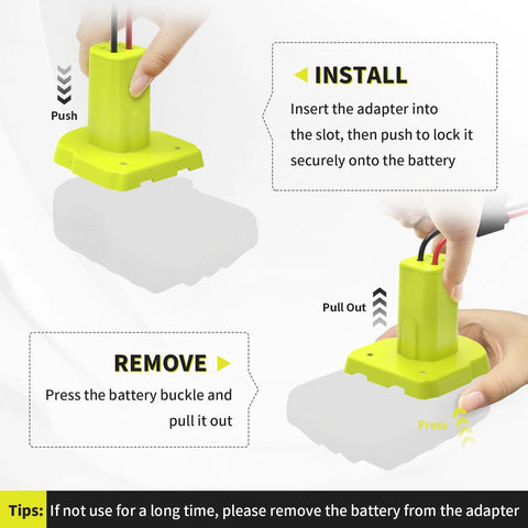 Installation and removal of Power Wheel Battery Adapter For Ryobi 18V Battery With Wire Harness Connector, 12 AWG Wire