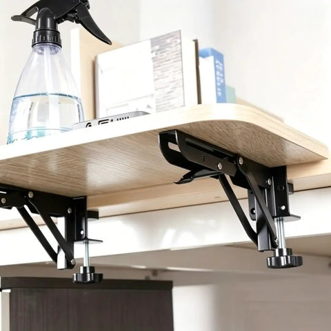Heavy Duty Foldable Shelf Brackets For Desk Extension Clamps Punch Free Tabletop Mount Black Steel shown supporting a wooden shelf.