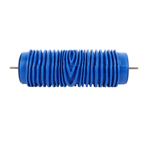 No Sweat 5 Inch Rubber Pattern Paint Roller For Walls Easy Diy Decorating Tool with blue textured rubber surface.