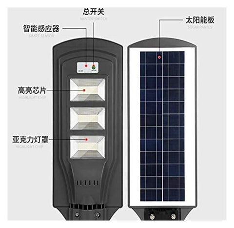 Badass 350W Solar Floodlight With Radar Human Body Induction Dusk To Dawn IP67 Waterproof LED Outdoor Security Light showing solar panels and chips.