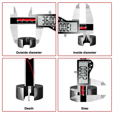 Electronic Digital Caliper With 6 Inch Range And Ultra Accurate Vernier Caliper For Inches Millimeters And Fractions Perfect For Jewelry Making Metalworking Engineering DIY Pros And Carpenter Projects showing outside, inside, depth, and step measurements.