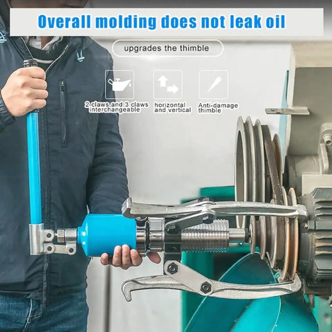 Person using heavy duty 20 ton hydraulic gear puller kit with box for machinery repair built tough wheel bearing puller.