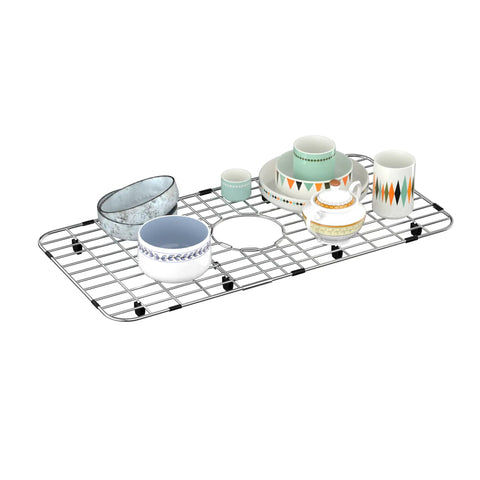 Stainless Steel Sink Protector With Centered Drain Grid 25 Inches Long By 12.8 Inches Wide with dishes on grid