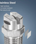 Close-up of a stainless steel 6 Pack Flat Fan Spray Tip 80 Degree 1/4 BSPT Male Pro Grade Stainless Steel Pressure Washer Nozzles Replacement for Water Guns With 1.1mm Orifice And Sealing Tape showcasing corrosion resistance features.