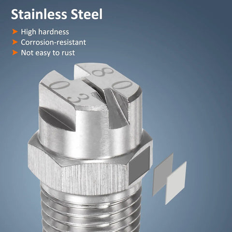 Close-up of a stainless steel 6 Pack Flat Fan Spray Tip 80 Degree 1/4 BSPT Male Pro Grade Stainless Steel Pressure Washer Nozzles Replacement for Water Guns With 1.1mm Orifice And Sealing Tape showcasing corrosion resistance features.