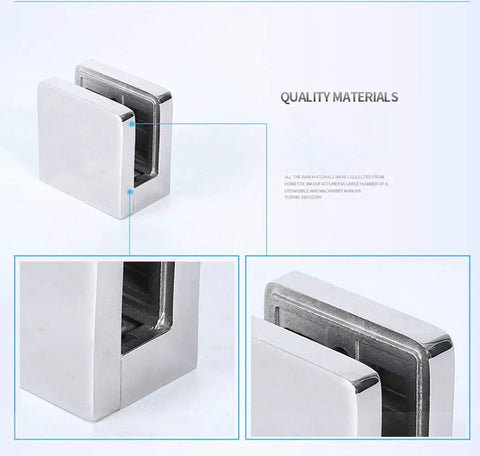 Heavy Duty Glass Clamps Kit, 8 Pcs, 1.8 Inch Square Stainless Steel 316 Glass Clips with Rubber Gaskets close-up view