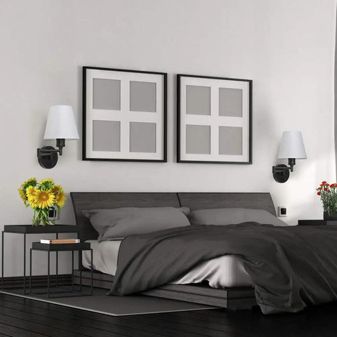 Adjustable Swing Arm Wall Sconce Set Of 2 With White Shade And Black Metal Modern Plug In Or Hardwire Wall Lamps For Bedside