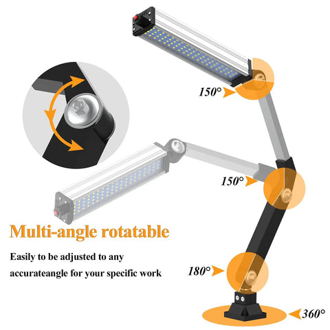Heavy Duty Shop Light With Long Arm For CNC Lathe And Drill Table 120V 16W IP66 Waterproof Aluminum LED Work Lamp, multi-angle view