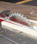 Close-up of 10 Inch Super General Thin Kerf Table Saw Blade With 40 Tooth, 3/32 Inch Kerf, 5/8 Inch Bore, on workshop table