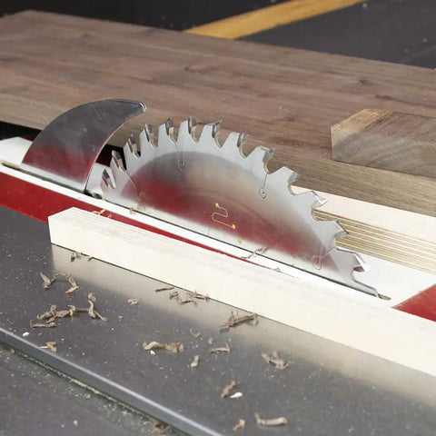 Close-up of 10 Inch Super General Thin Kerf Table Saw Blade With 40 Tooth, 3/32 Inch Kerf, 5/8 Inch Bore, on workshop table