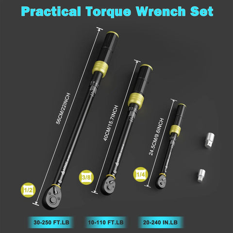 Five Piece Torque Wrench Set With Quarter, Three Eighths, And Half Inch Drives For Bike Auto And Motorcycle, Dual Direction