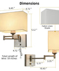 Dimensions of 9.5 Inch Wall Lamp With USB Port And Dimmer, Plug In Cord Sconce with beige fabric shade and adjustable arm.