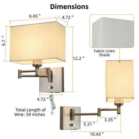 Dimensions of 9.5 Inch Wall Lamp With USB Port And Dimmer, Plug In Cord Sconce with beige fabric shade and adjustable arm.