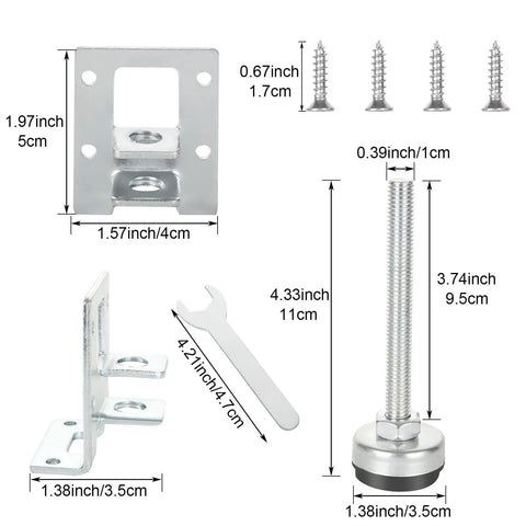 Heavy Duty Furniture Leveling Feet Set 8 Adjustable Load Levelers With Screws And Wrench 4.33 Inch Long dimensions and components
