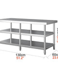Heavy Duty Three Layer Stainless Steel Workbench Kitchen Countertop Rock Solid Prep Table With Adjustable Legs Reinforced Base Built Tough To Handle Heavy Loads dimensions of 130cm x 60cm.