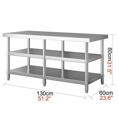 Heavy Duty Three Layer Stainless Steel Workbench Kitchen Countertop Rock Solid Prep Table With Adjustable Legs Reinforced Base Built Tough To Handle Heavy Loads dimensions of 130cm x 60cm.
