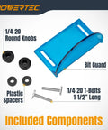Components of full size router bit guard kit with mounting hardware for router tables and fence, visible guard, knobs, T-bolts, spacers