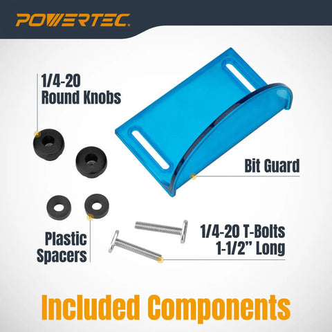 Components of full size router bit guard kit with mounting hardware for router tables and fence, visible guard, knobs, T-bolts, spacers