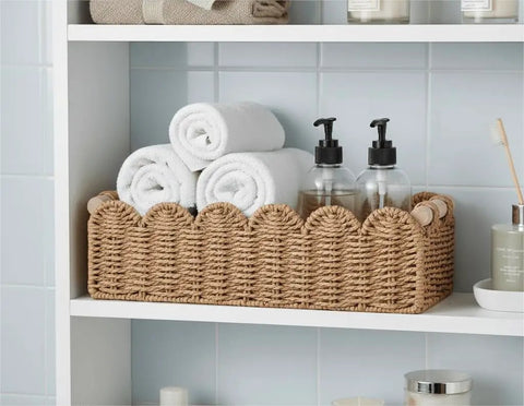 Totally Chic Scalloped Paper Rope Storage Basket With Ridiculously Sturdy Handle For Bathroom Decor And Over The Toilet Organization Super Handy Tissue Holder And Daily Essentials Organizer