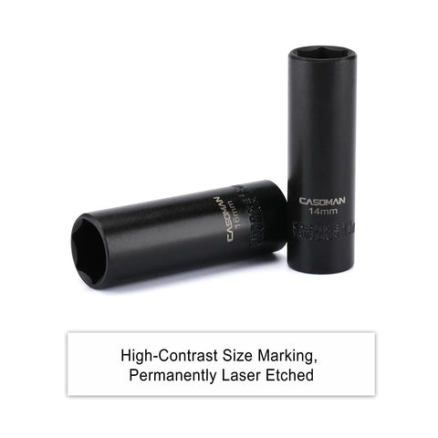 Two 14mm sockets from the Three Eighths Inch Drive Deep Impact Socket Set With 6 Point Metric 7mm To 19mm Built Tough In CR V Chrome Vanadium