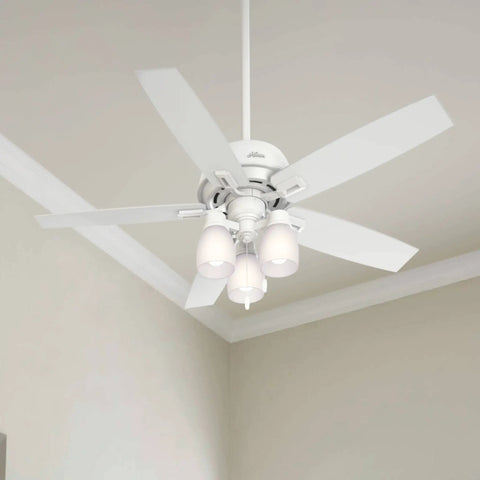 Donegan Fresh White 52 Inch Ceiling Fan With LED Light Kit shown installed on a white ceiling with pull chain, ideal for modern home vibe.