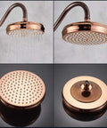 UMJIGF 8 Inch Rose Gold Shower System with Cold and Hot Water Shower Combo Set Multifunction Single Handle Shower Faucet Set with Handheld Shower, Top Fall Shower Head, Swivel B top view and side view of rain shower head with water droplets.
