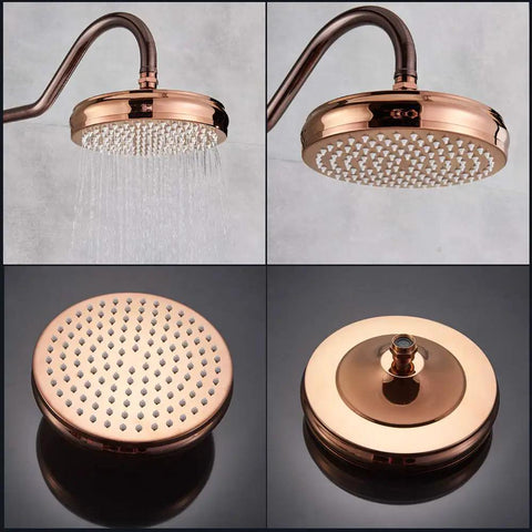 UMJIGF 8 Inch Rose Gold Shower System with Cold and Hot Water Shower Combo Set Multifunction Single Handle Shower Faucet Set with Handheld Shower, Top Fall Shower Head, Swivel B top view and side view of rain shower head with water droplets.