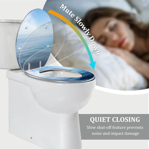 Elongated Resin Toilet Seat for Bathroom featuring a slow closing mechanism and ocean design on lid.