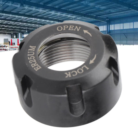 Rock Solid ER25 Dynamic Balancing Collet Nut Built Like A Tank With Heavy Duty Steel And A Tough Black Oxide Coating For Precision Lathe Chuck And Tool Setup, close-up showing inner threading and markings.