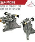 Beefed Up 2800 PSI 2.3 GPM Vertical Shaft Pressure Washer Pump shown with rear-facing water inlets and outlets