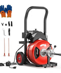 No Sweat Auto Feed Drain Auger One Hundred Foot Electric Sewer Snake with steel cable and accessories including gloves and bits.